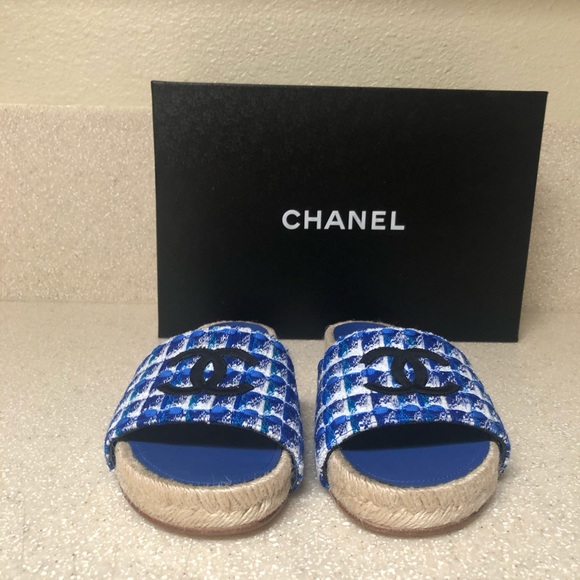 CHANEL Tweed Grosgrain CC Mule Blue Multi 37 / 7 - Picture 4 of 8